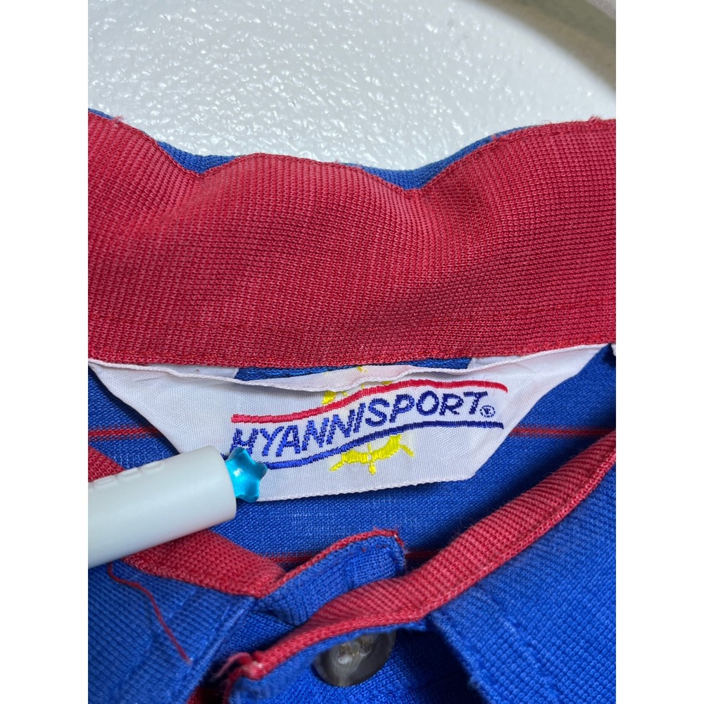 Vintage Hyannisport Mens‎ Polo Shirt Blue Red Striped Short Sleeve Pique Knit